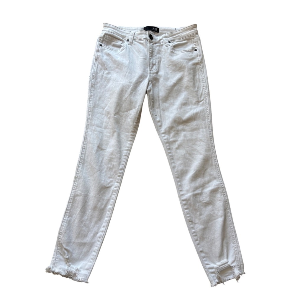 Kut from Kloth White Skinny Jeans Petite 4P Raw Frayed Hem Distressed Mid Rise